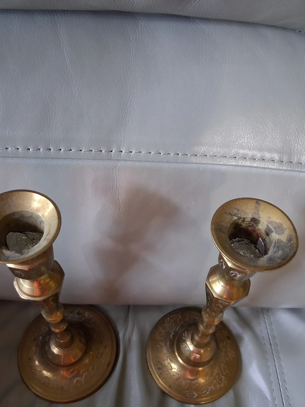 Vintage Pair Brass Candlestick Holders With Floral Etching